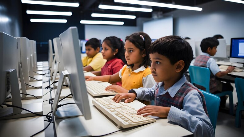 [freepicdownloader.com]-indian-school-kids-group-modern-rural-areas-pose-with-books-computer-bags-medium